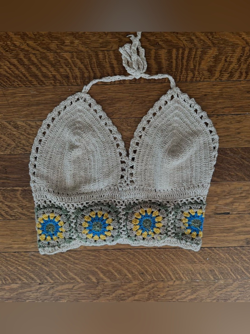 Handmade Crochet Halter Crop Top in Cream with Blue & Yellow Motifs